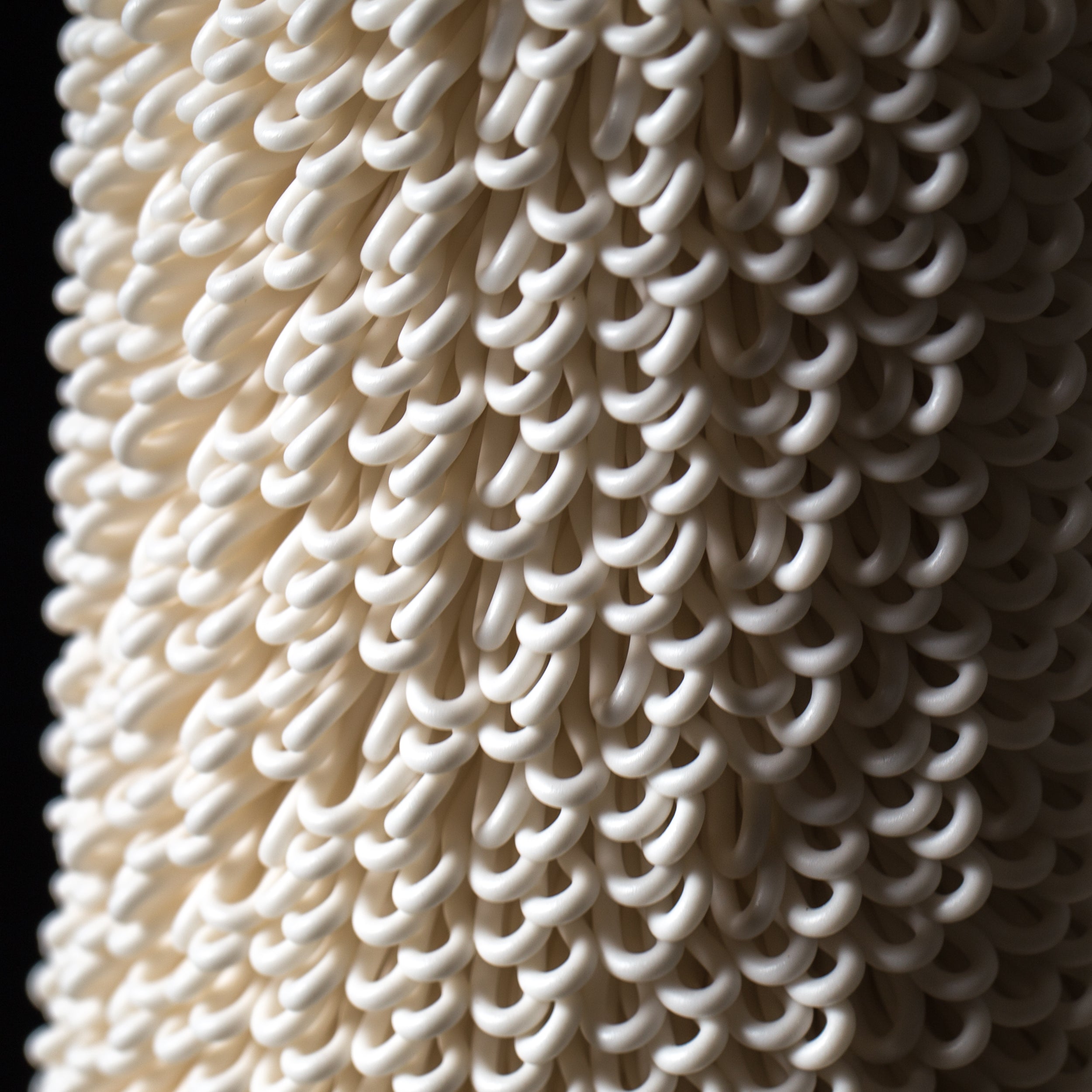 D-0111 Dash Algorithmic Ceramic Sculpture in White Porcelain - detail view - BinaryCeramics Athens
