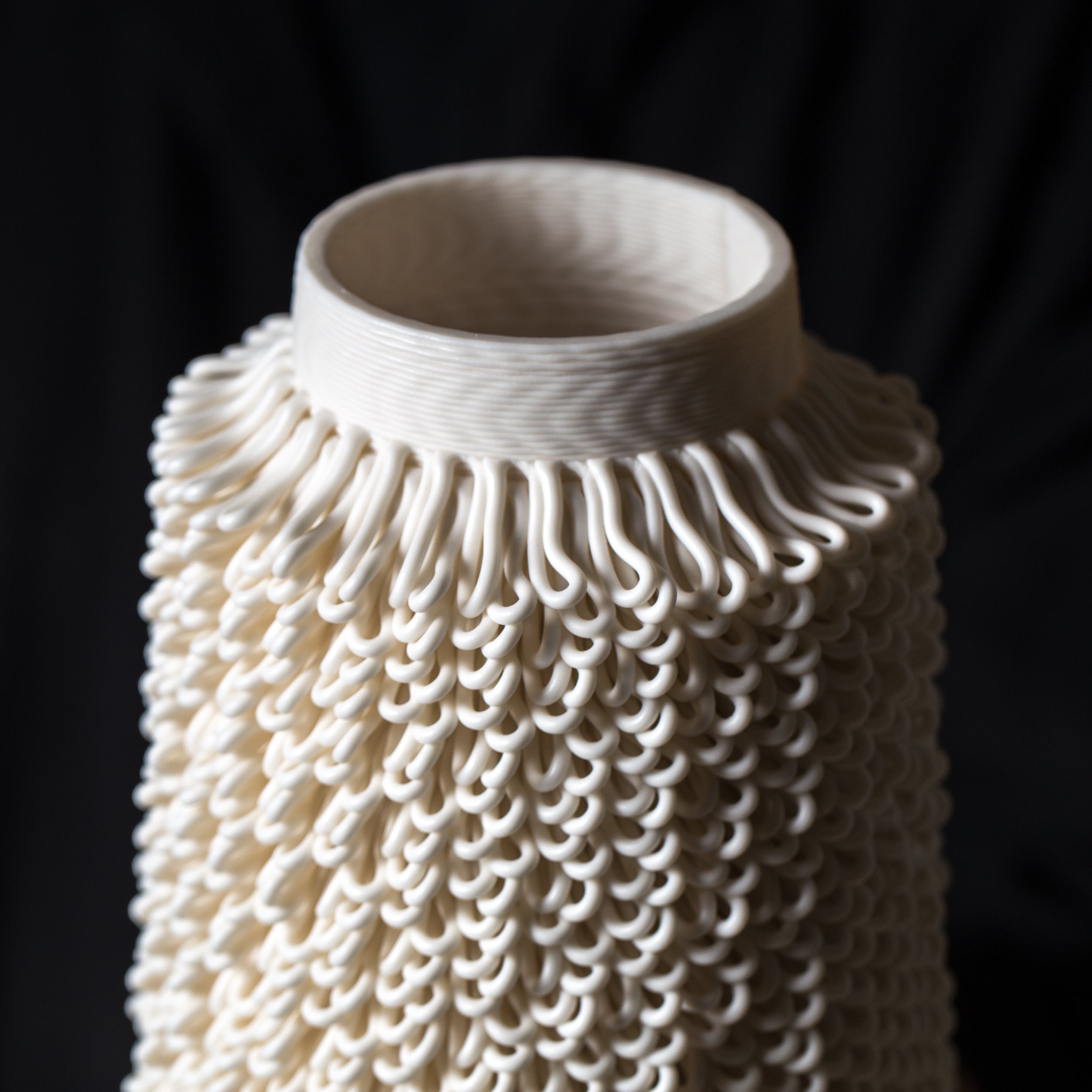 D-0111 Dash Algorithmic Ceramic Sculpture in White Porcelain - side view - BinaryCeramics Athens