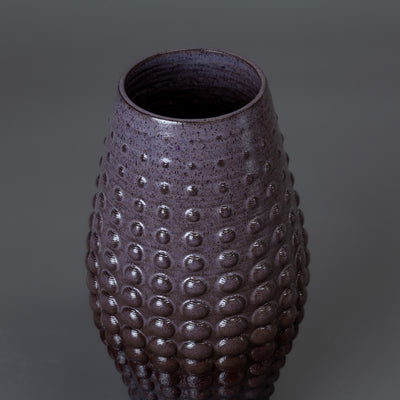 black clay, purple glaze sea urchin sculpture – algorithmic ceramic design