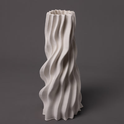 white porcelain tornado sculpture – algorithmic ceramic design