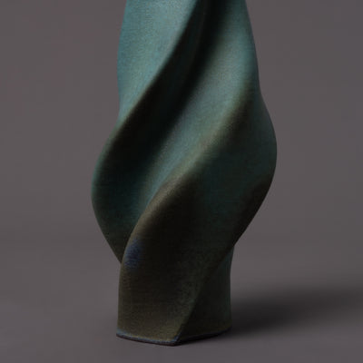 3D-printed tornado sculpture in black clay, green glaze – BinaryCeramics