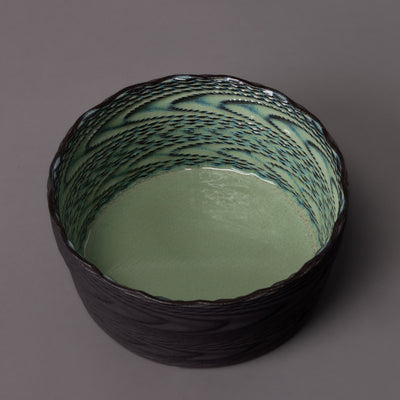 Wave sculpture detail – black clay, green glaze – BinaryCeramics