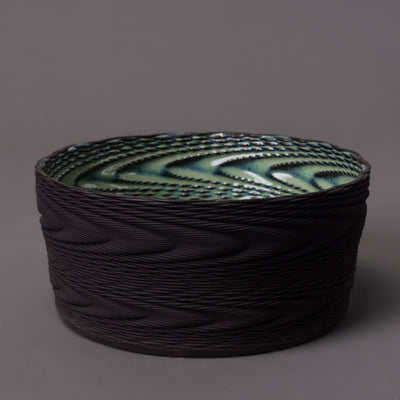 Wave ceramic sculpture in black clay, green glaze – BinaryCeramics