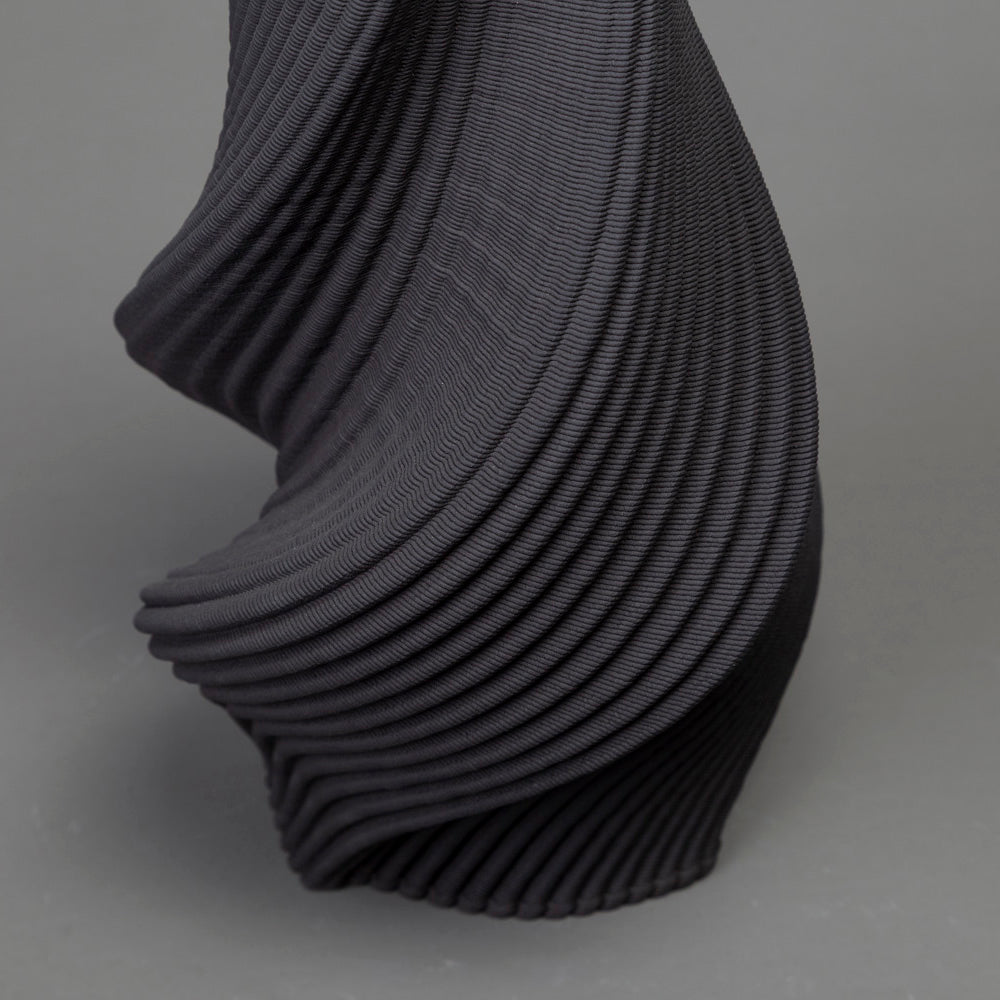 3D-printed tornado form in black clay – BinaryCeramics