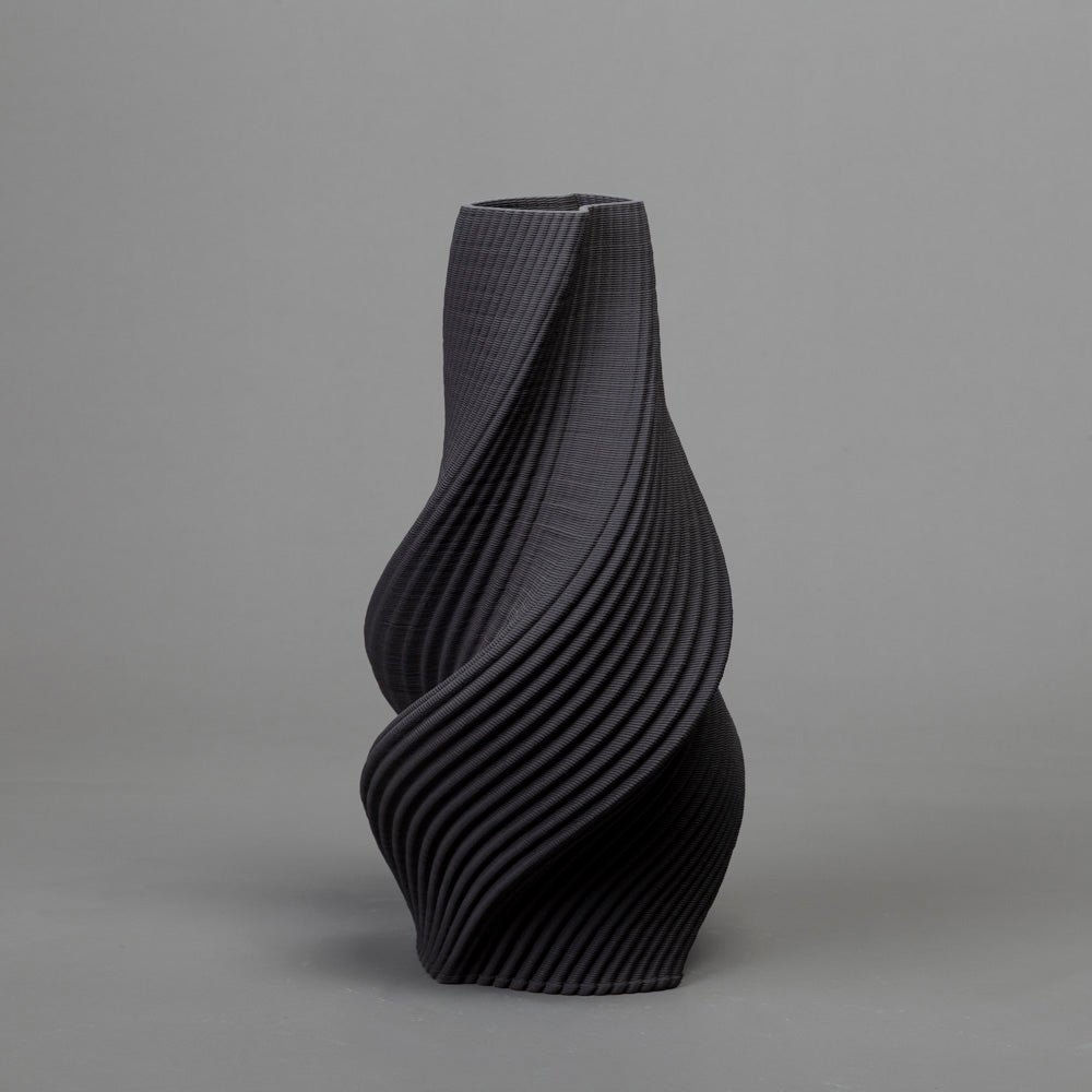 black clay tornado form – algorithmic ceramic design