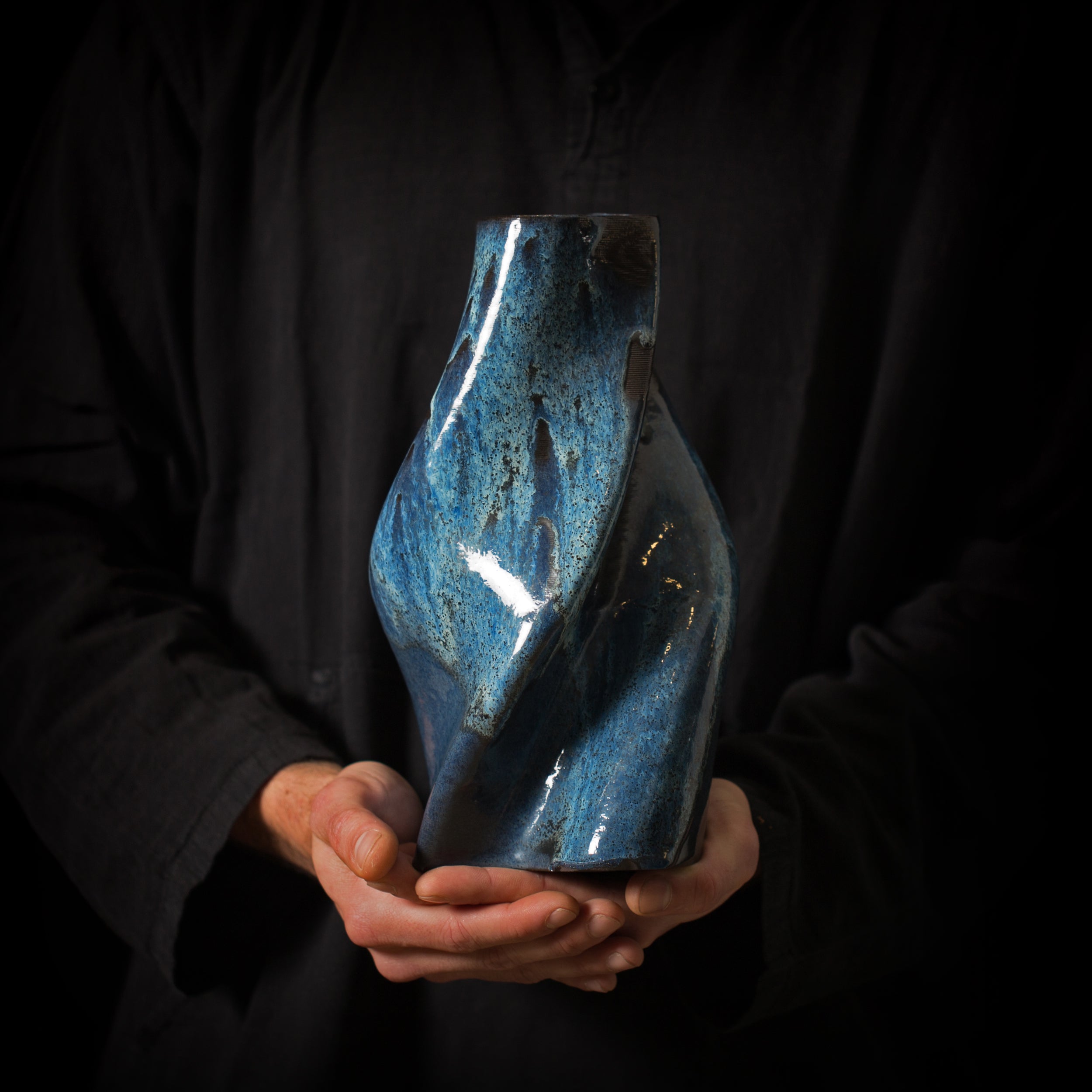 T-0101 Tornado Ceramic Sculpture in Black Clay Glaze Effect - 3D printed ceramic art by BinaryCeramics, Athens