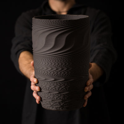 W-0001 Wave Layered Ceramic Sculpture in Black Clay - 3D printed ceramic art by BinaryCeramics, Athens