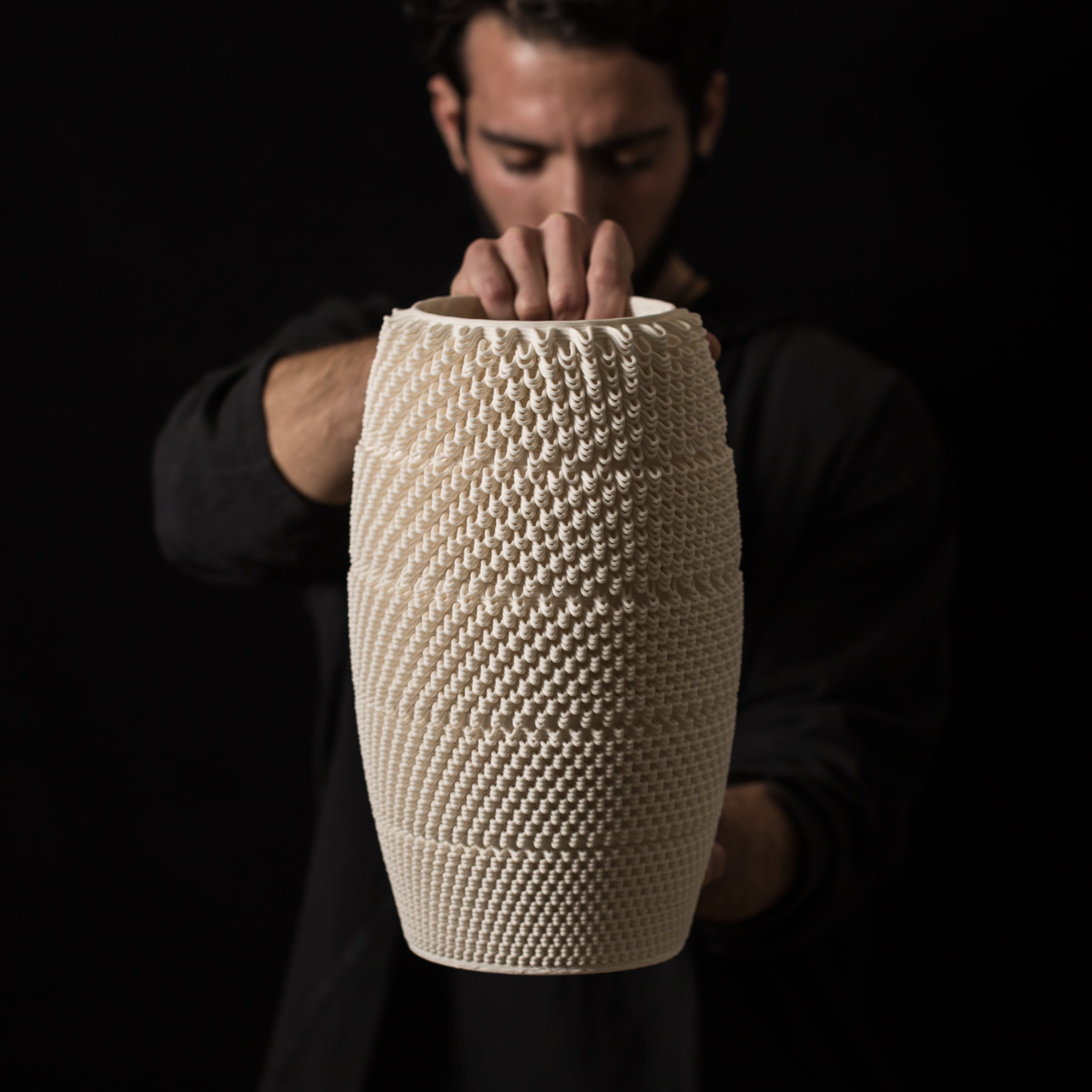 D-0001 Dash Algorithmic Ceramic Sculpture in White Porcelain - 3D printed ceramic art by BinaryCeramics, Athens