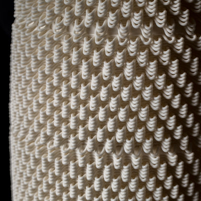 D-0001 Dash Algorithmic Ceramic Sculpture in White Porcelain - detail view - BinaryCeramics Athens