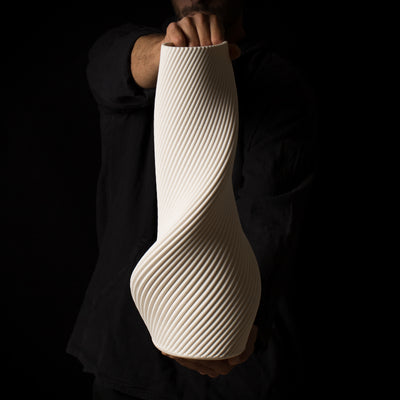 T-0001 Tornado Ceramic Sculpture – White Porcelain – front view – BinaryCeramics Athens