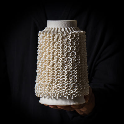 D-0111 Dash Algorithmic Ceramic Sculpture in White Porcelain - 3D printed ceramic art by BinaryCeramics, Athens