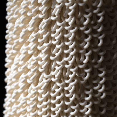 D-0111 Dash Algorithmic Ceramic Sculpture in White Porcelain - detail view - BinaryCeramics Athens