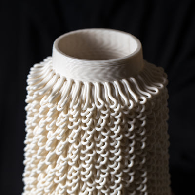 D-0111 Dash Algorithmic Ceramic Sculpture in White Porcelain - side view - BinaryCeramics Athens