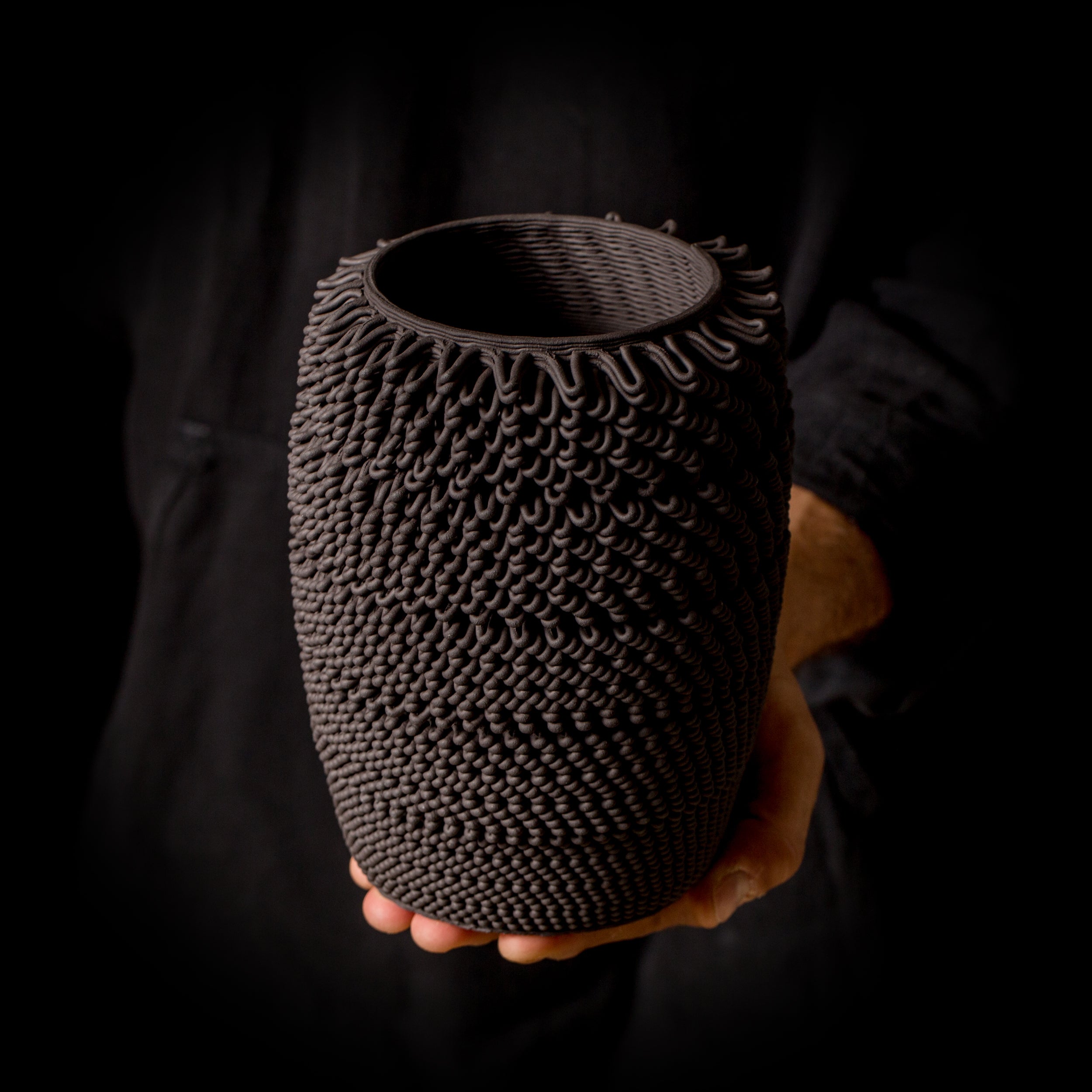 D-0101 Dash Algorithmic Ceramic Sculpture in Black Clay - 3D printed ceramic art by BinaryCeramics, Athens