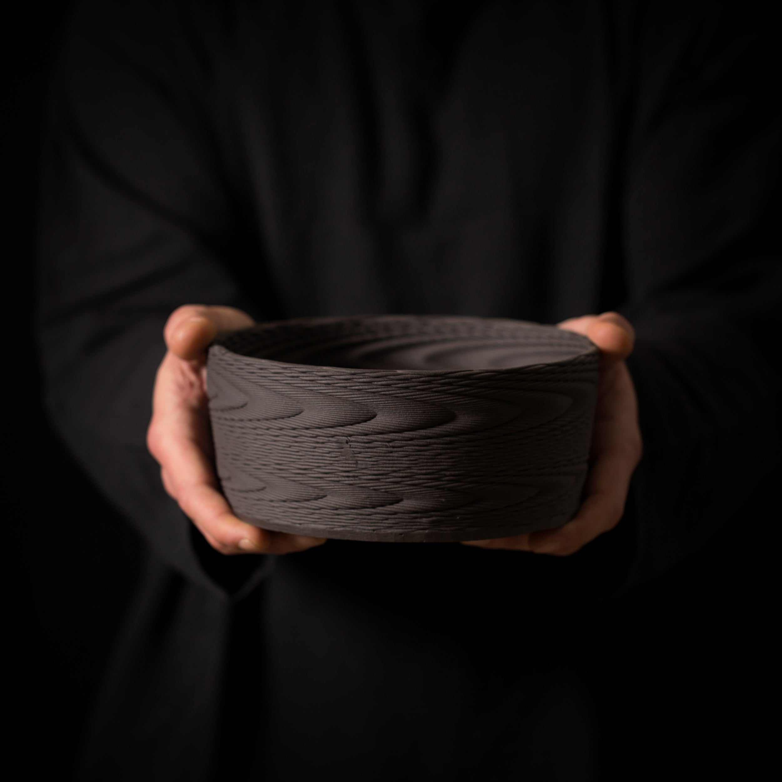 W-0011 Wave Layered Ceramic Sculpture in Black Clay Green Glaze - 3D printed ceramic art by BinaryCeramics, Athens